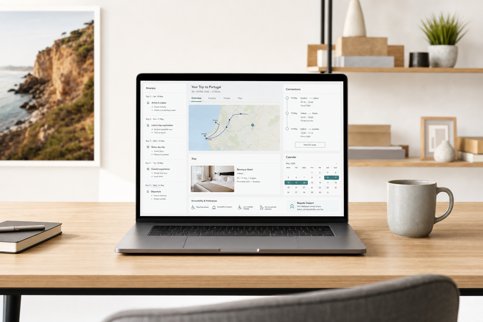 Laptop displaying a detailed travel itinerary for a trip to Portugal, placed on a wooden desk with a mug and notebook nearby.