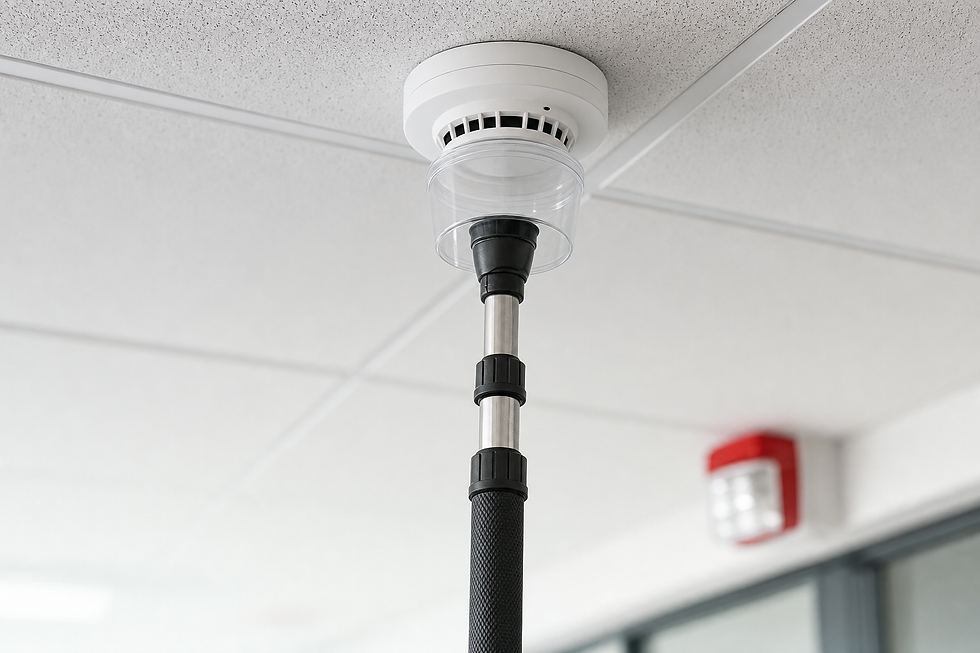 Smoke detector being tested with a telescopic pole in a building with a tiled ceiling.