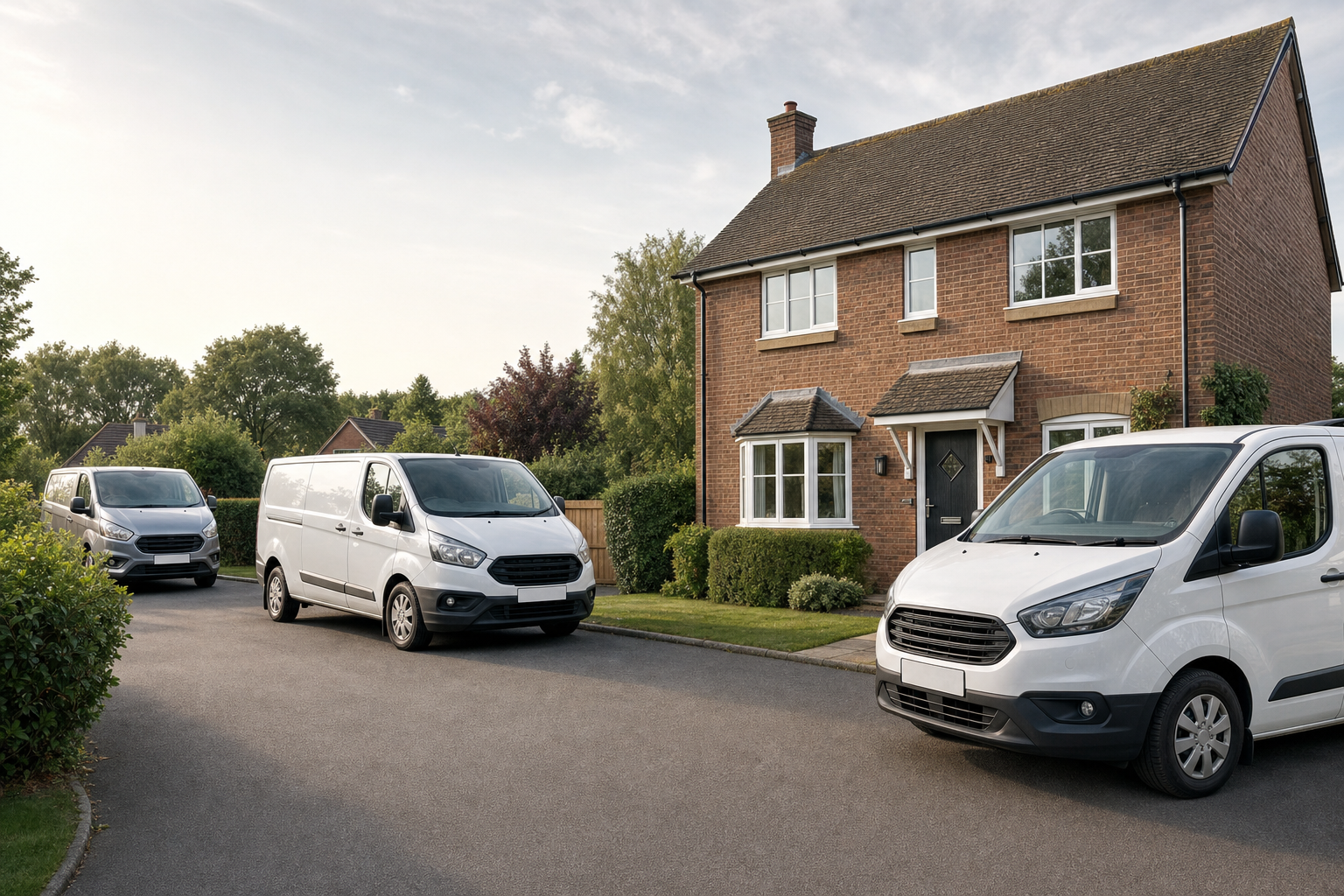 Three white vans parked on a residential street in front of a two-storey brick house.