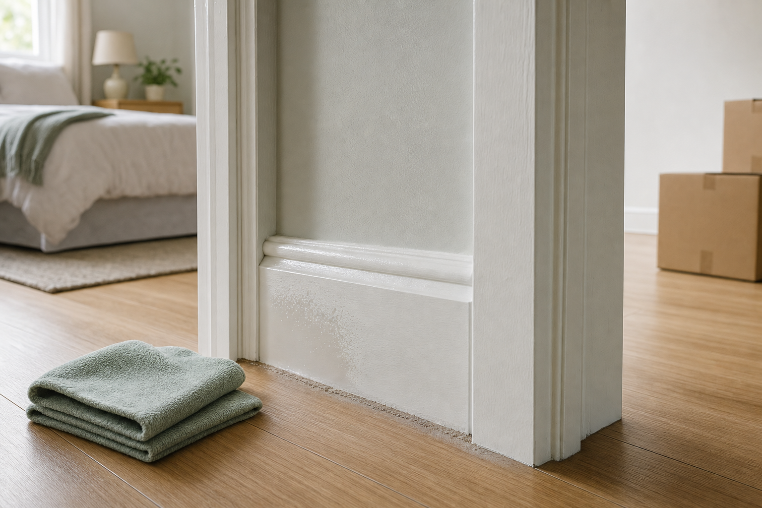 A fold of green towels lies on the wooden floor next to a painted doorframe, with a bed and boxes visible in the background.