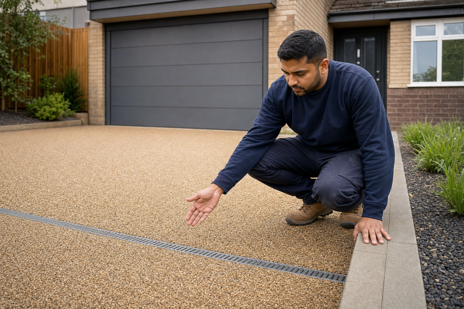 Man in a blue jumper inspecting a newly laid resin driveway outside a modern house.