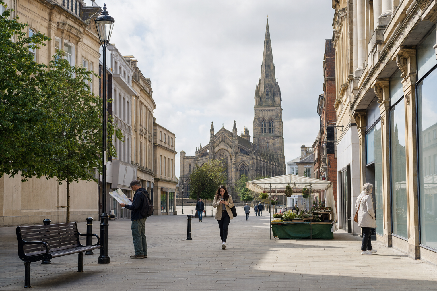 A bustling street scene with pedestrians near a marketplace, framed by historic architecture and a prominent church spire.