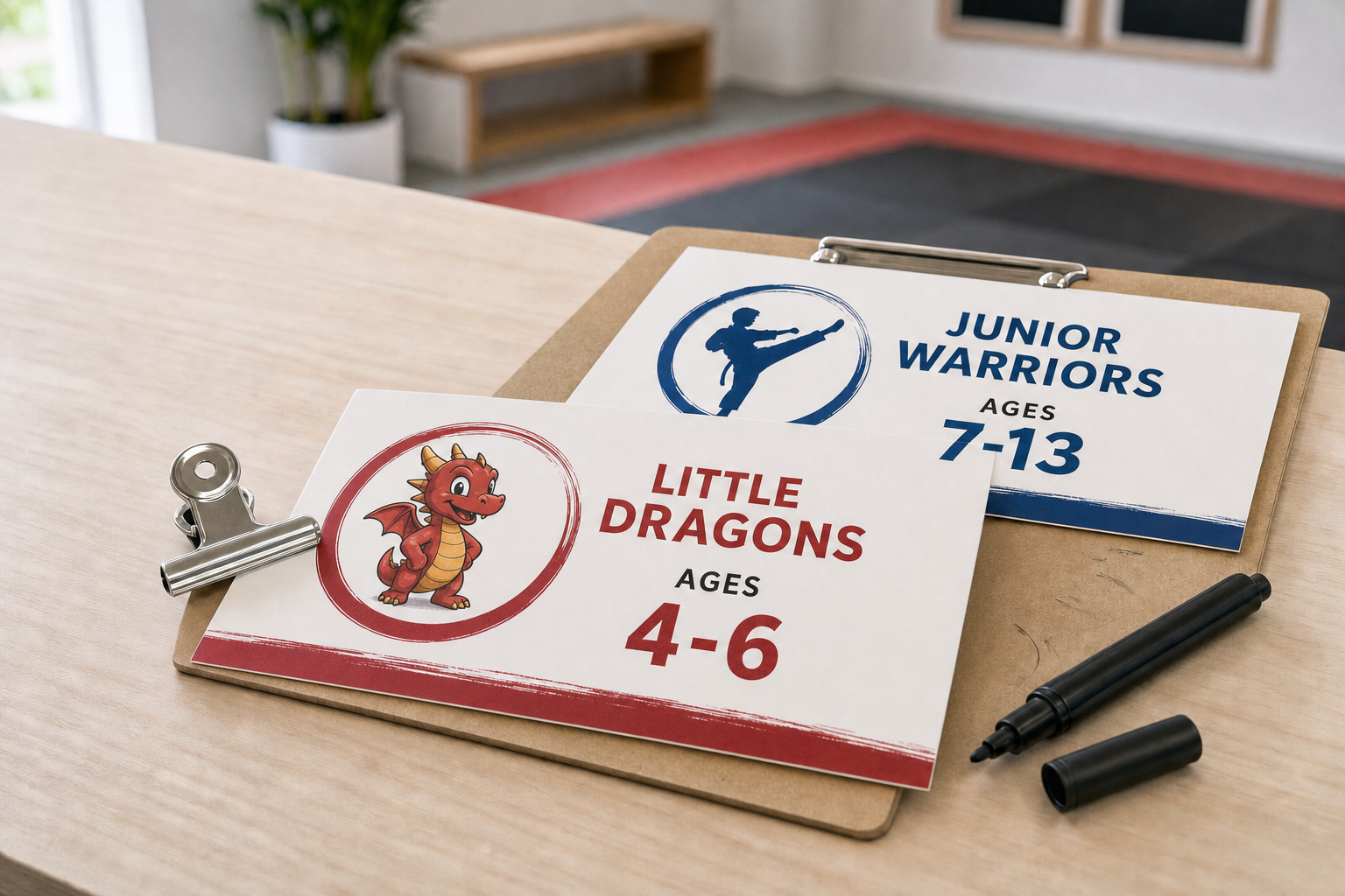 Karate class flyers for ages 4-6 and 7-13 on a clipboard with a marker on a wooden desk.