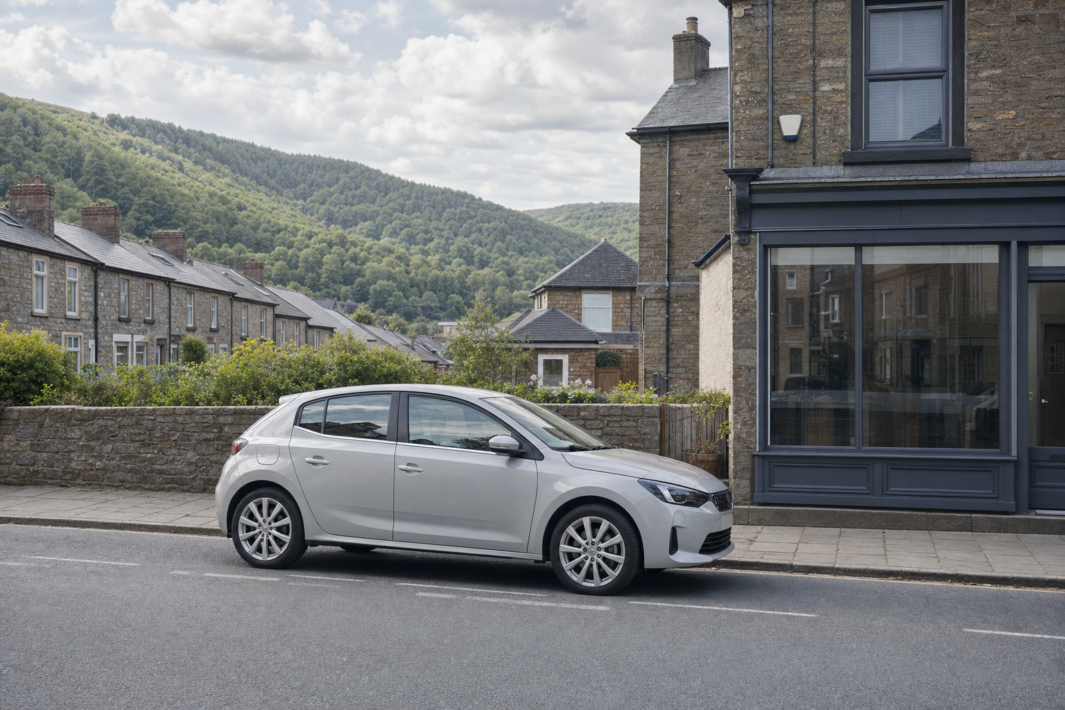 A silver hatchback car parked on a residential street with stone terraced houses and green hills in the background.