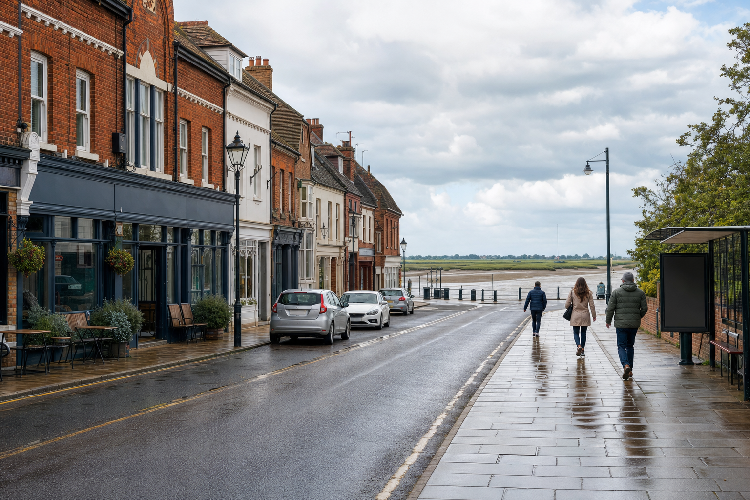 People walking along a wet street lined with shops and parked cars, leading towards a body of water under a cloudy sky.