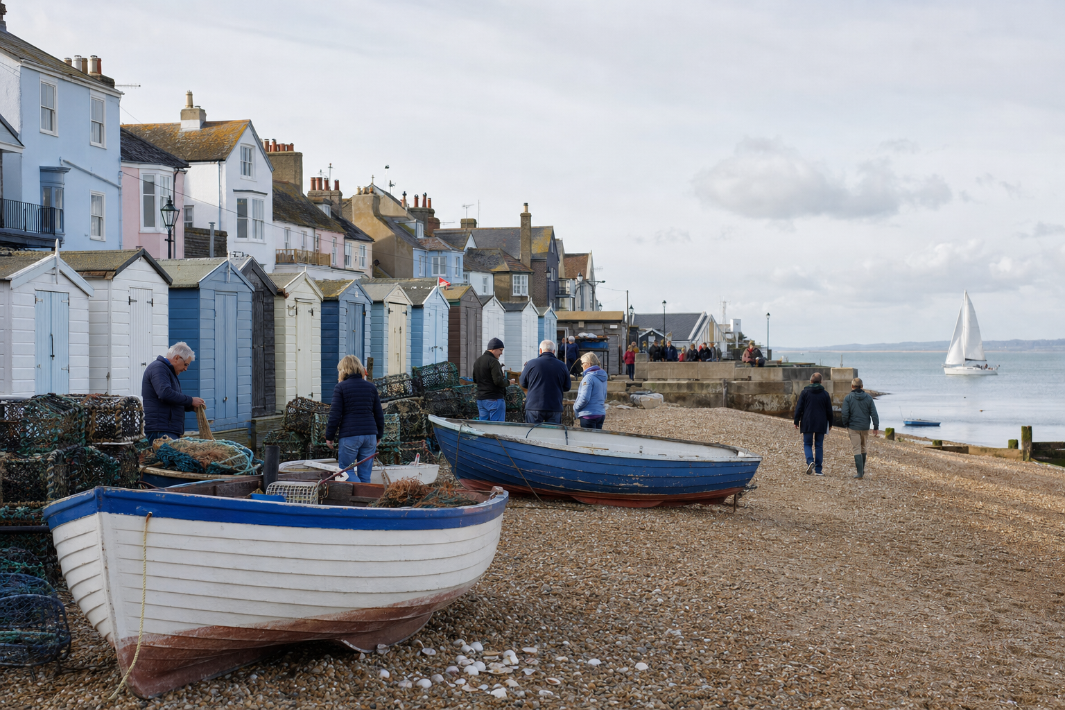 People strolling by colourful beach huts and boats on a pebble shore, with a sailing boat in the distance.