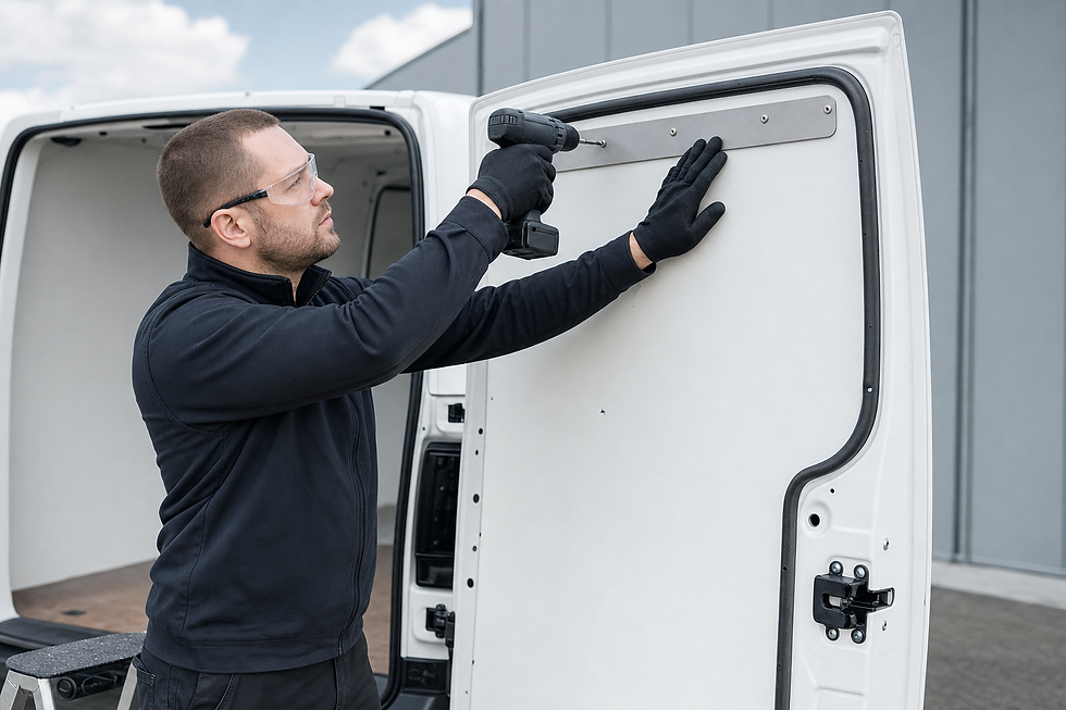 A man wearing safety goggles works with a power drill on the door of a white van.