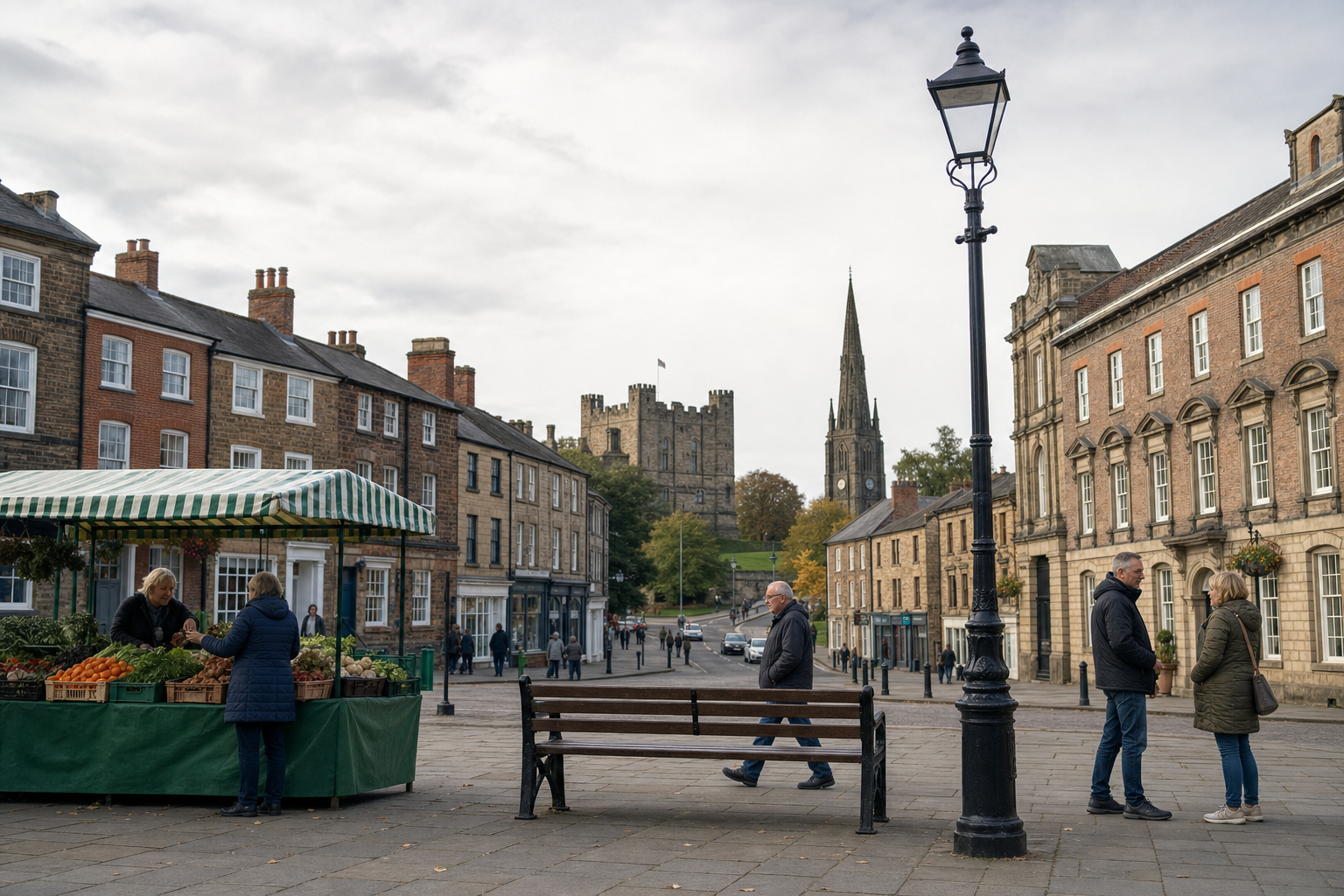 Market square with a fruit and vegetable stall, people walking, and a historic castle and church in the background.