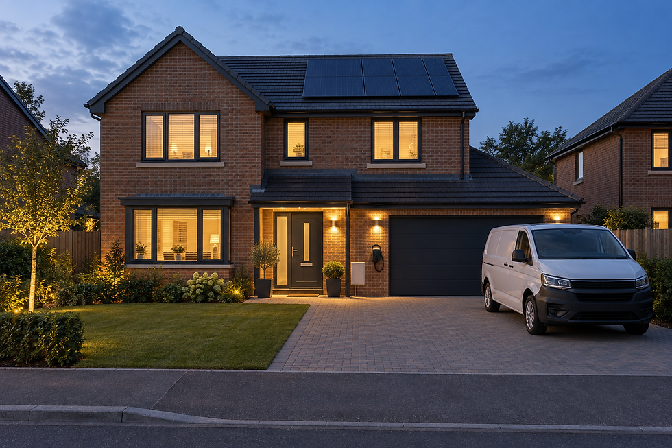 Modern brick house with solar panels, illuminated windows, and a white van parked in the driveway at dusk.