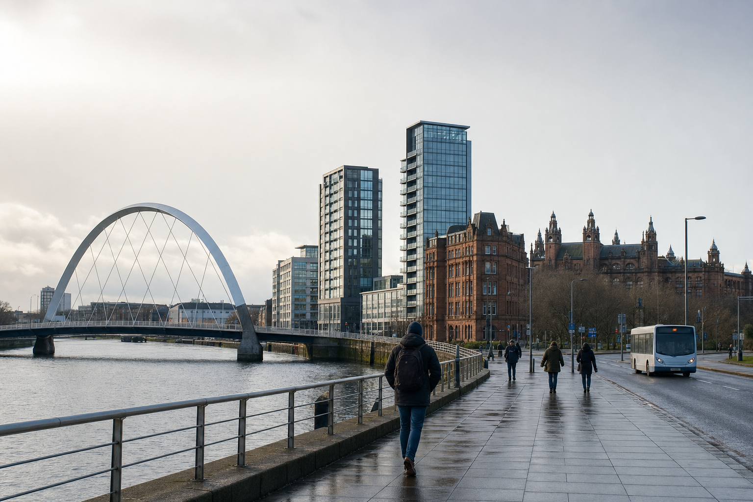 People walking along a riverside path towards a cityscape featuring modern and historic buildings.