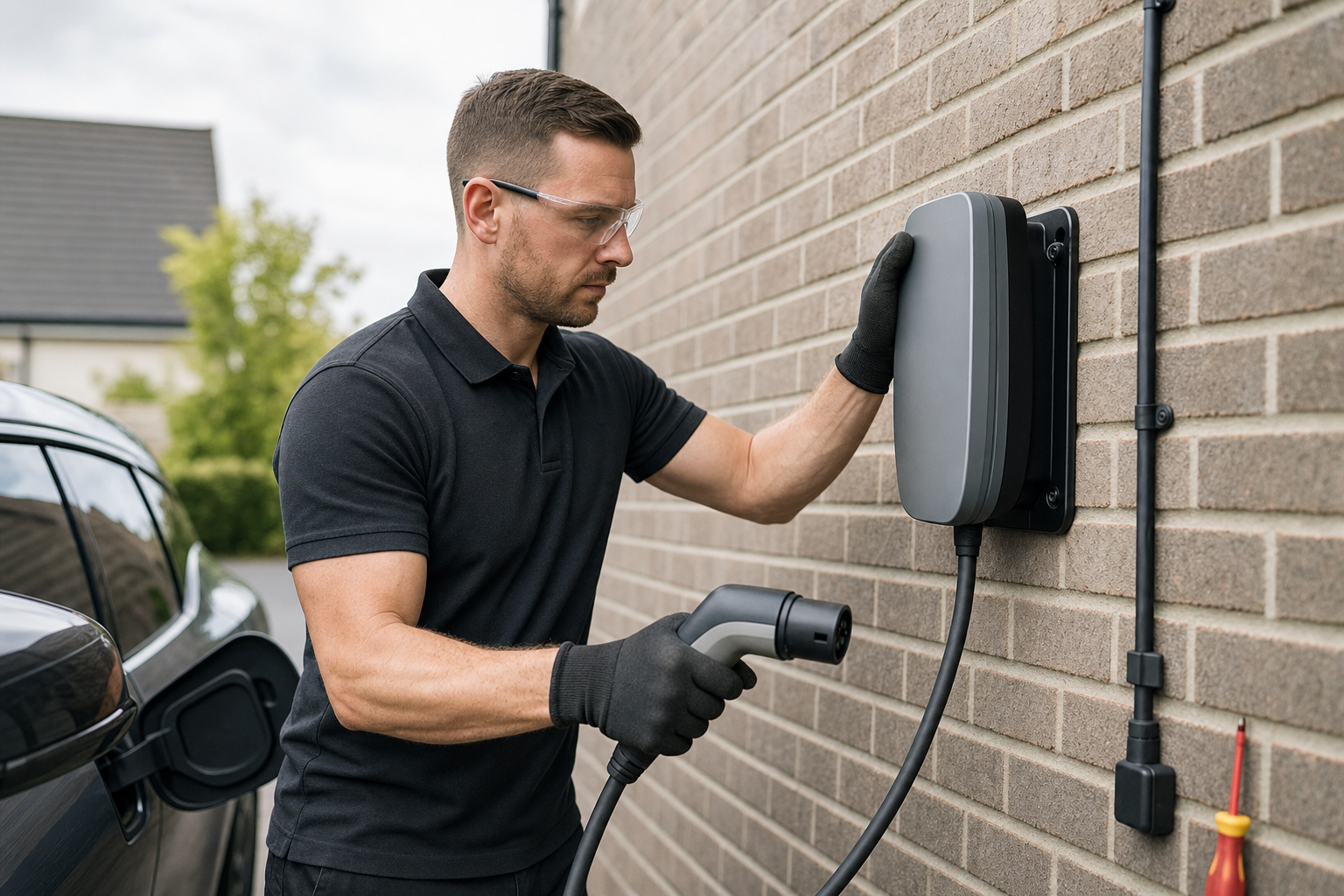 Man installing an electric vehicle charging station on a brick wall, wearing safety glasses and gloves.