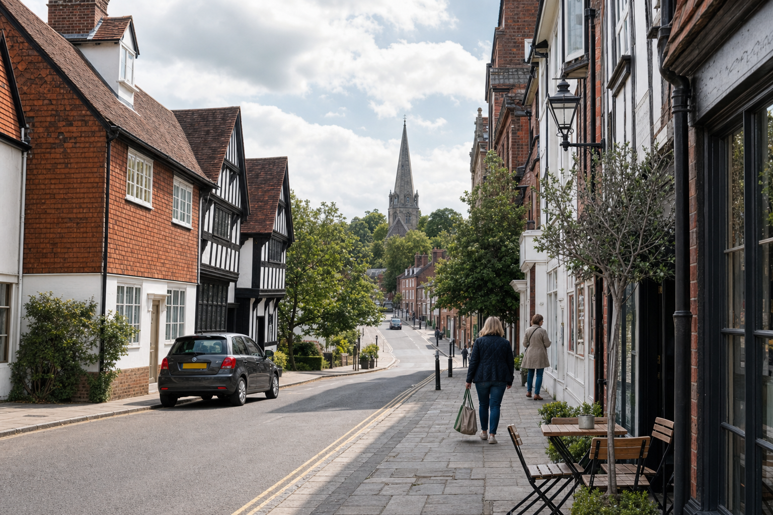 A quaint English street with historic buildings, parked car, and people walking, leading to a distant church spire.