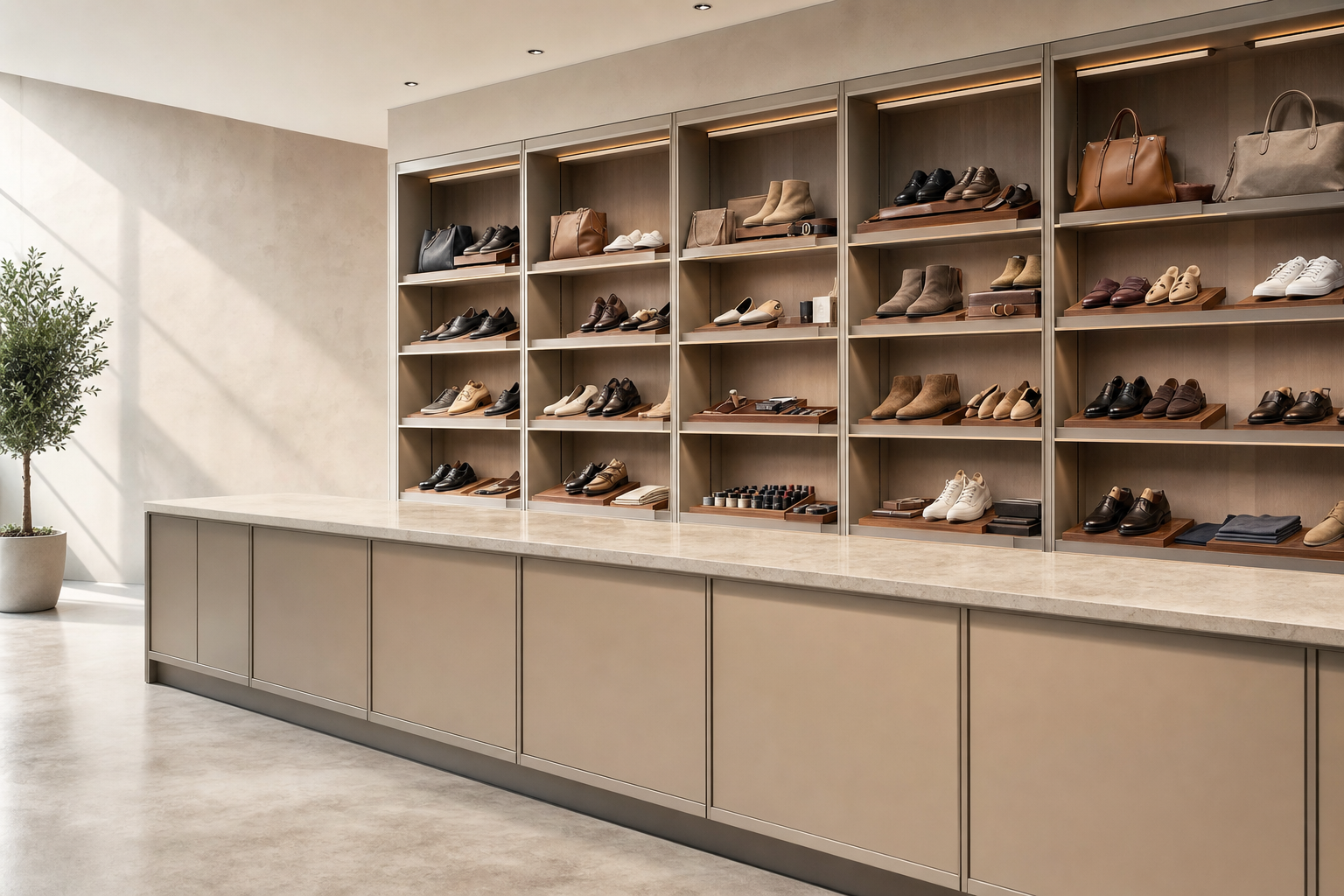 A minimalist shoe and accessory display with shelves showcasing various footwear, bags, and care products in a well-lit shop.