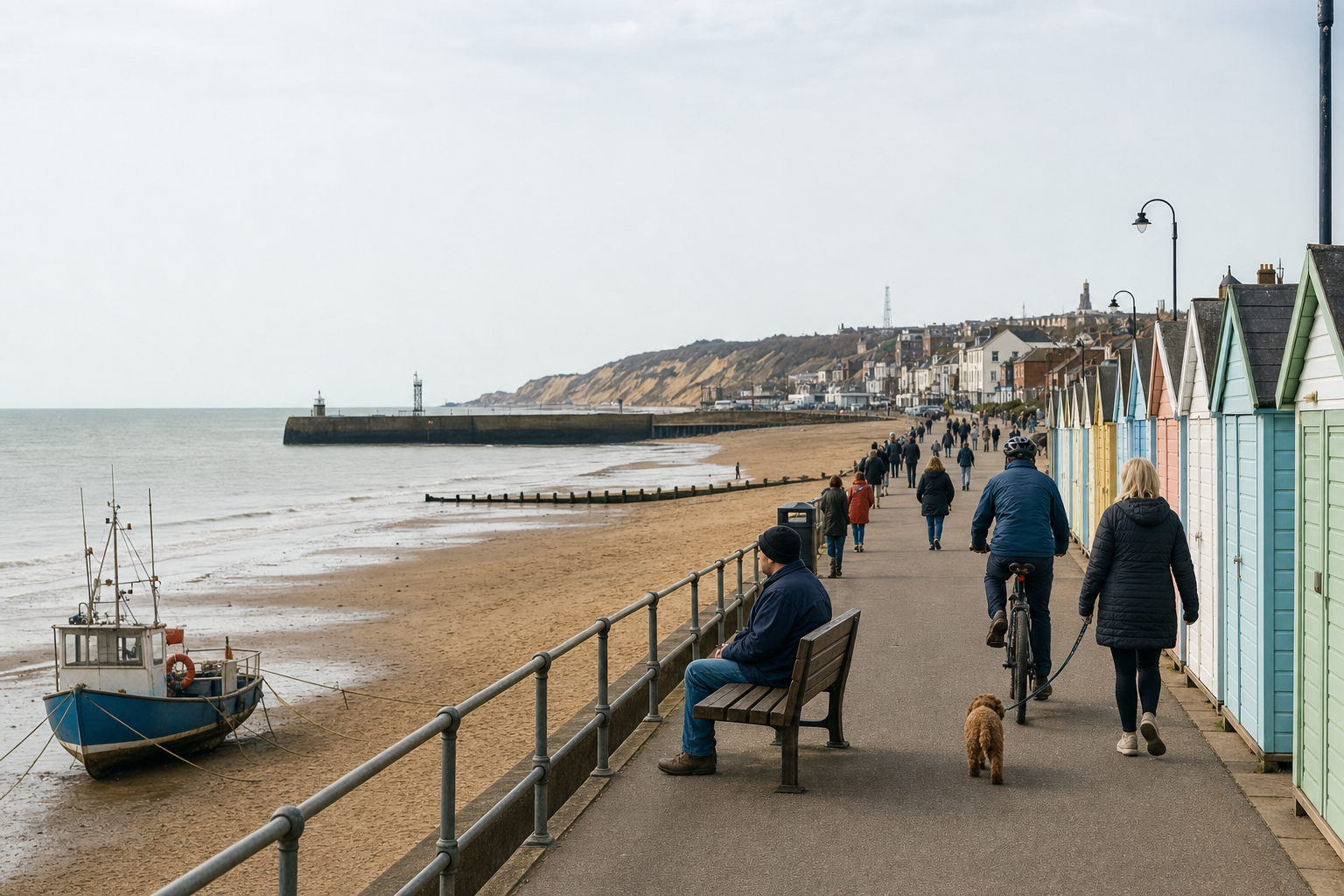People walking and cycling along a promenade beside colourful beach huts and a sandy shore.