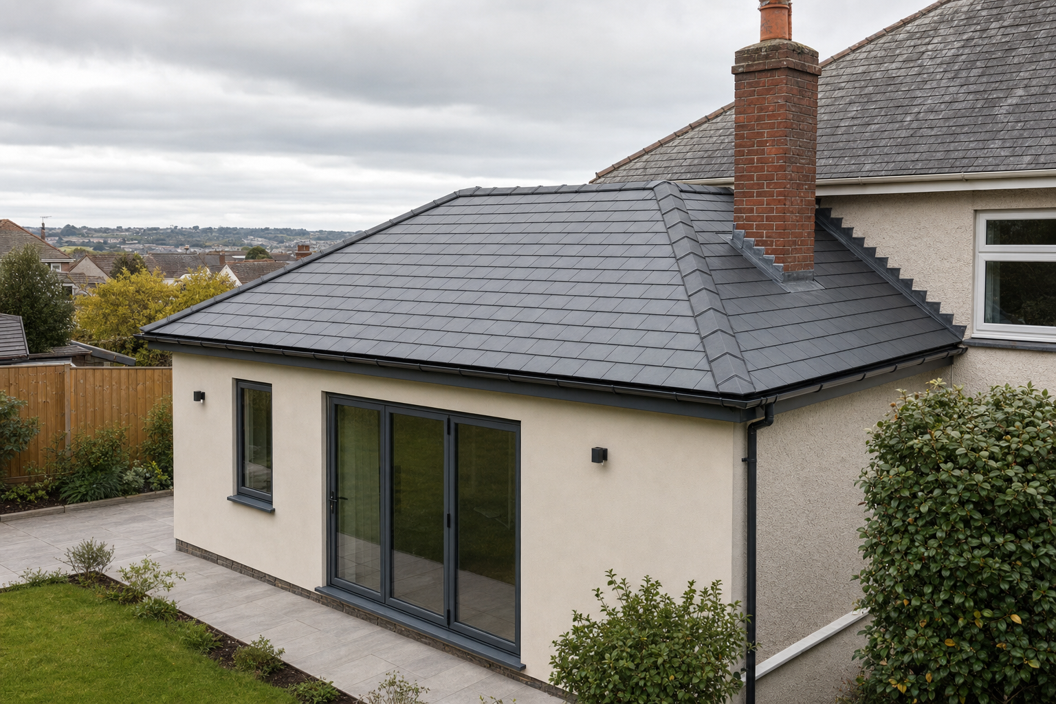 Modern single-storey extension with a grey tiled roof and large glass doors, set in a suburban garden.
