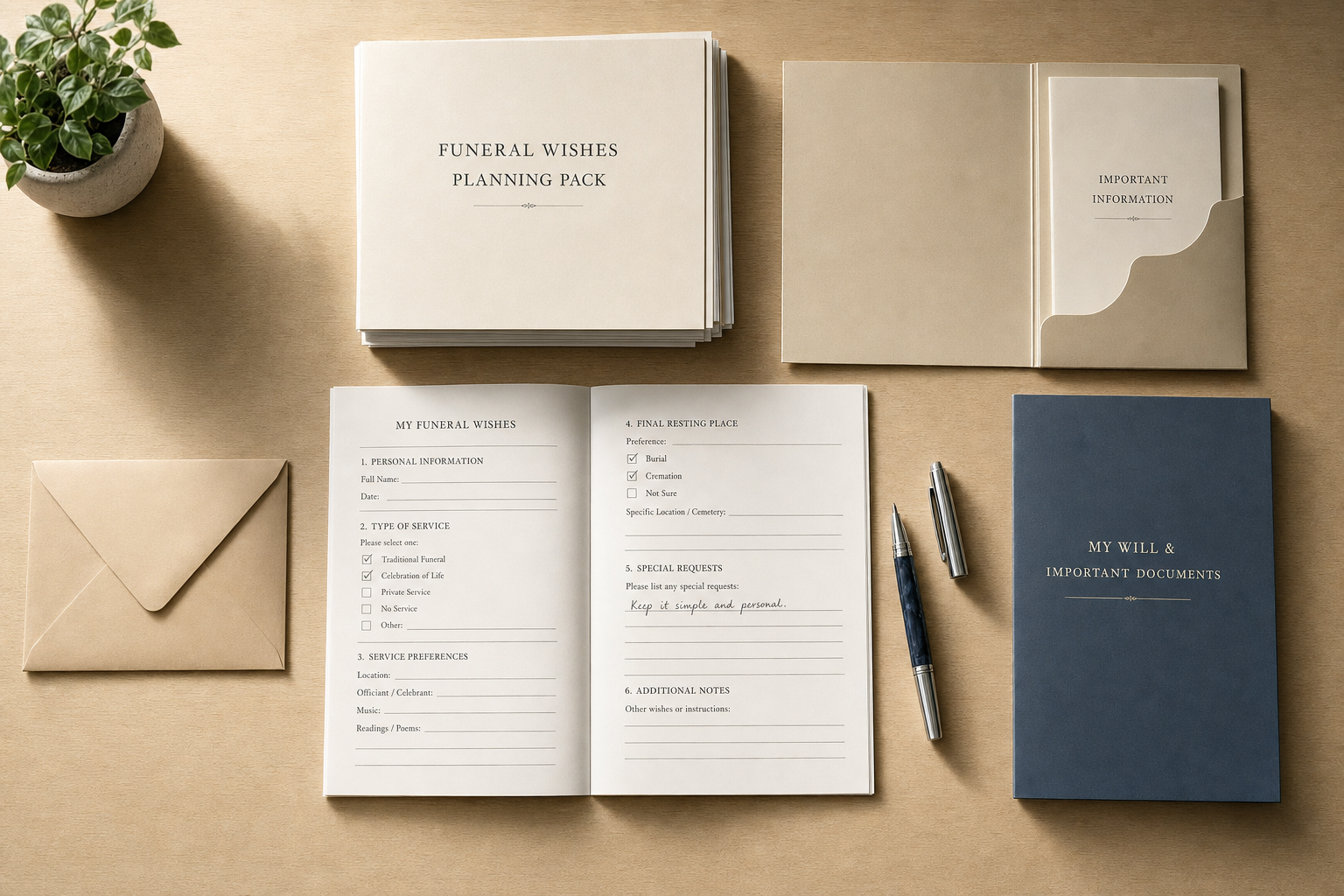 Funeral planning pack with documents, pens, and a potted plant on a wooden surface.