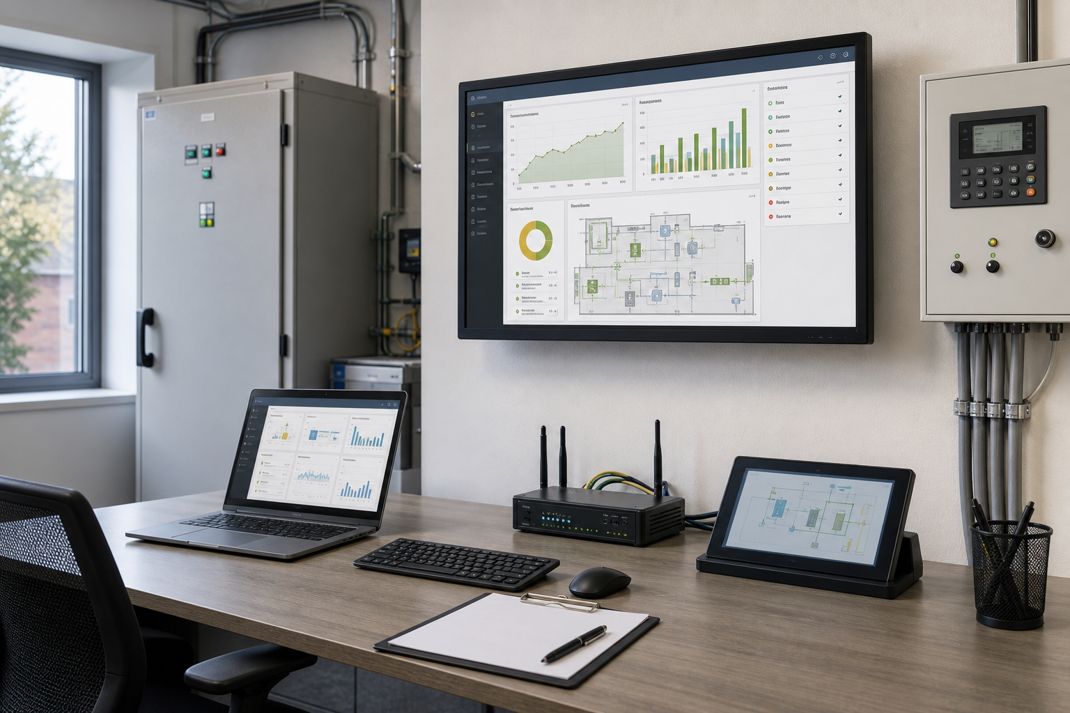 Office workspace with multiple screens displaying data charts and graphs.