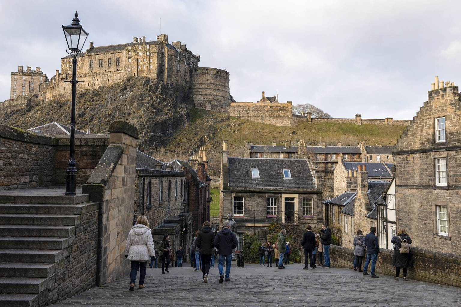 People walking on a cobblestone street towards Edinburgh Castle on a cloudy day.