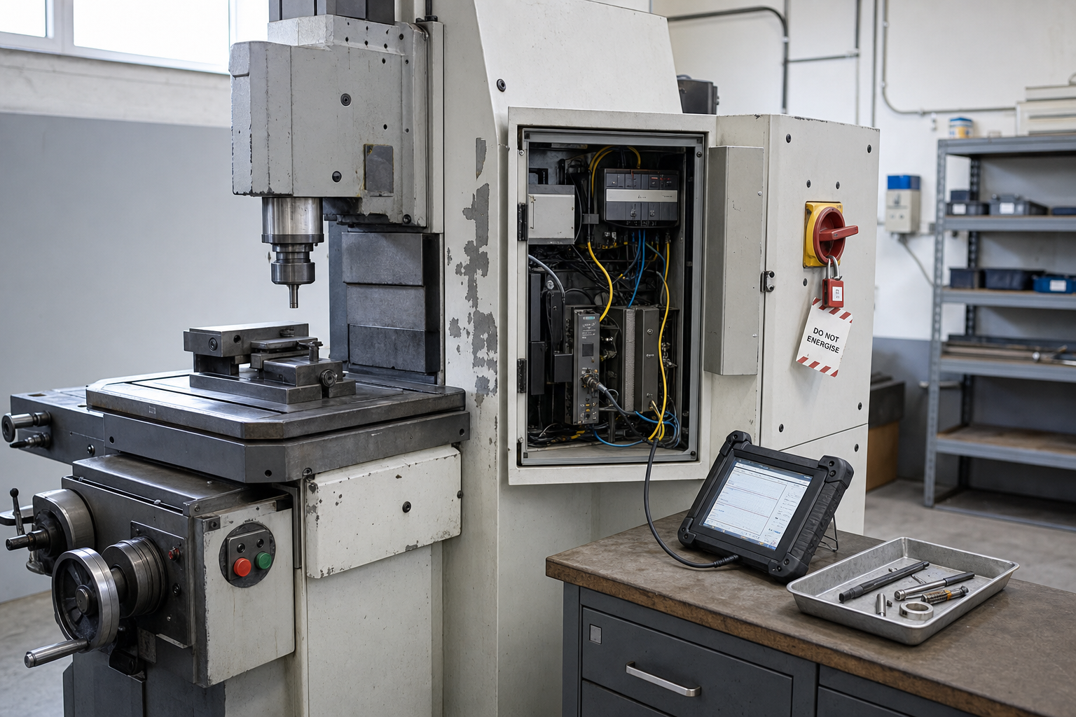 Industrial milling machine with open control panel and warning sign, accompanied by a tablet and tools on a workbench.