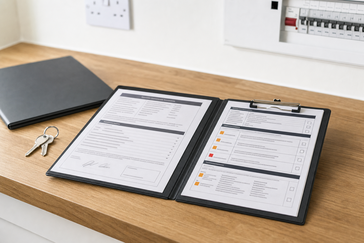 Open property rental documents with keys on a wooden table near an electrical panel.
