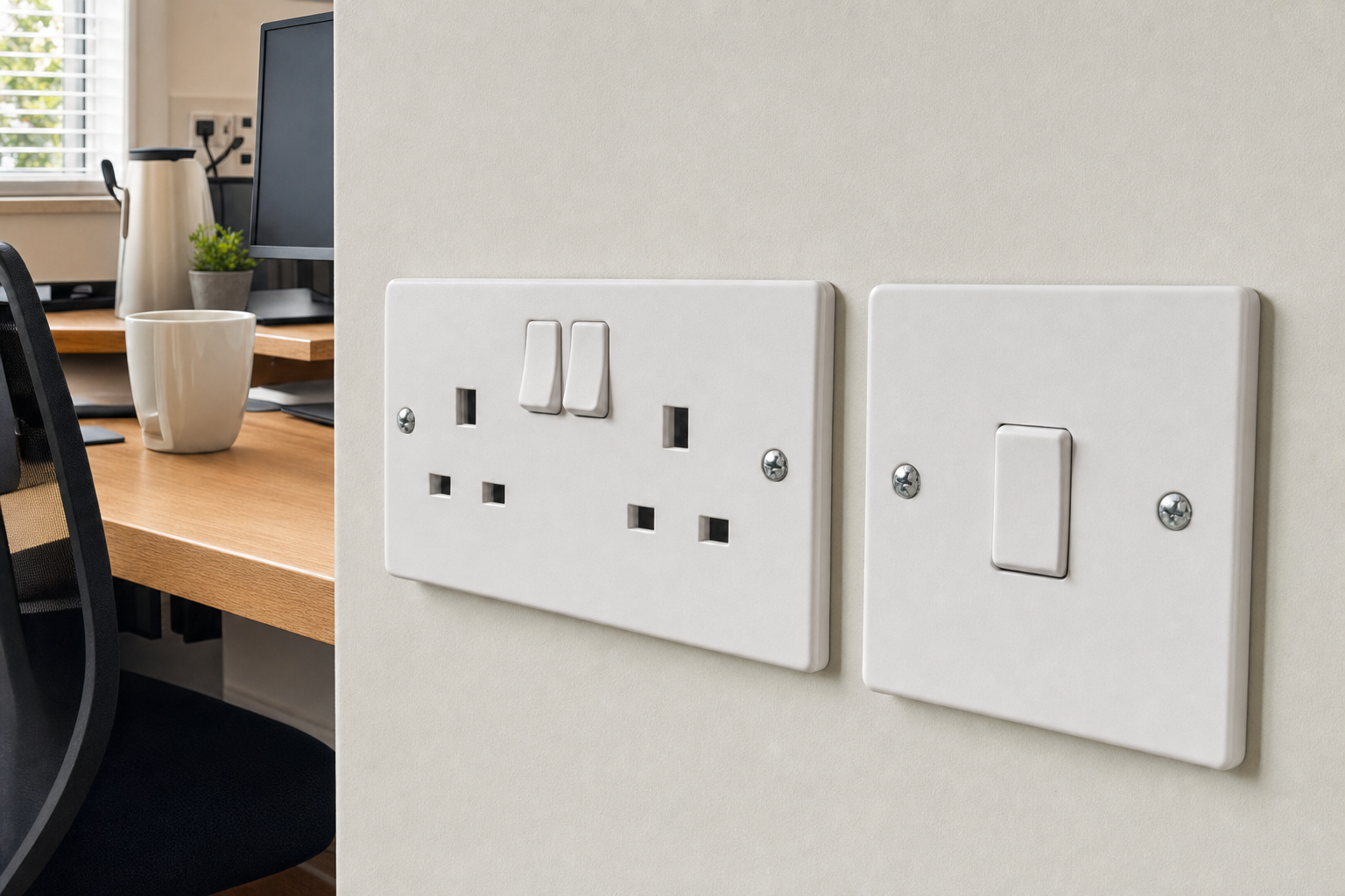 Wall sockets and a light switch are mounted on a beige wall near an office desk setup with a computer and a mug.