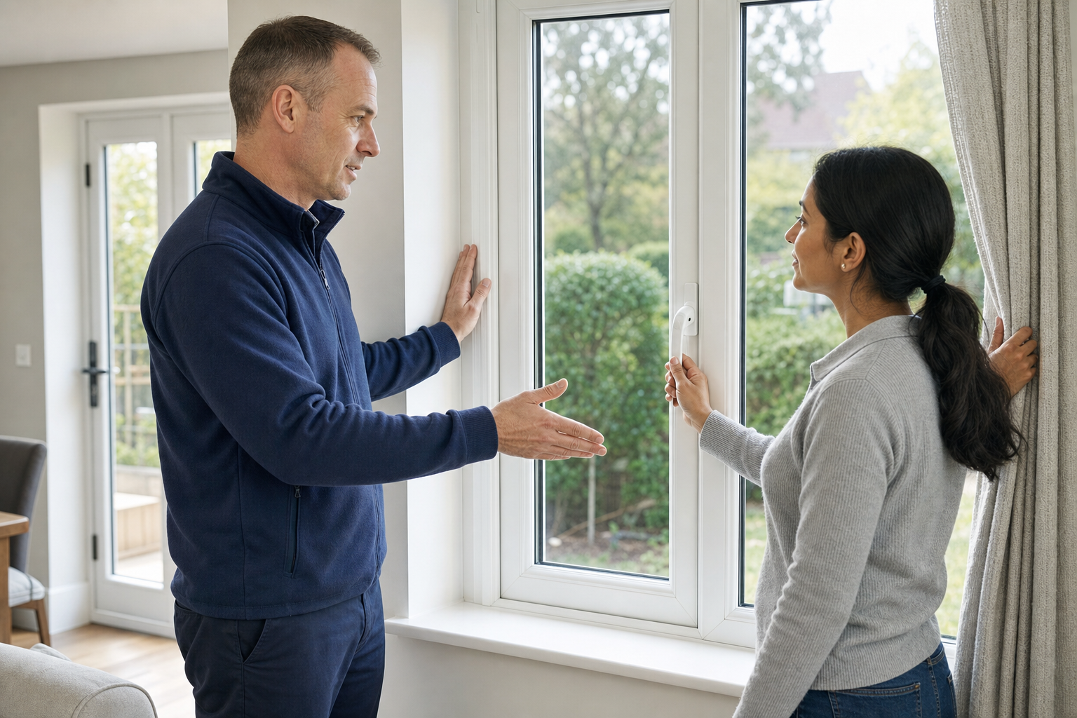 Two people discussing a window installation in a home interior.