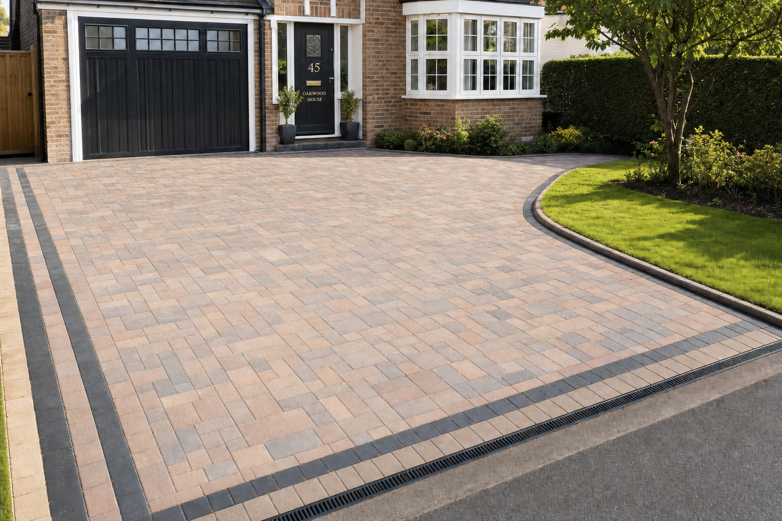 A neatly paved driveway leads to a classic brick house with a black door and garage, bordered by a well-kept lawn and shrubs.