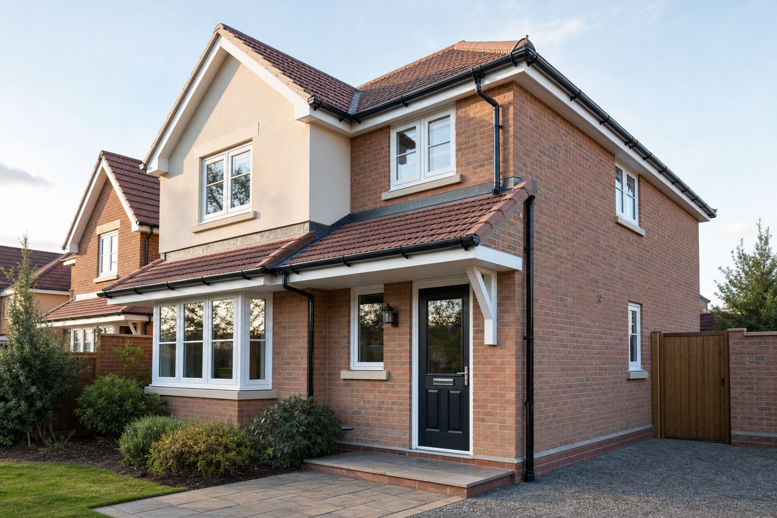 Modern two-storey brick house with a black front door and a neatly landscaped garden in a suburban setting.