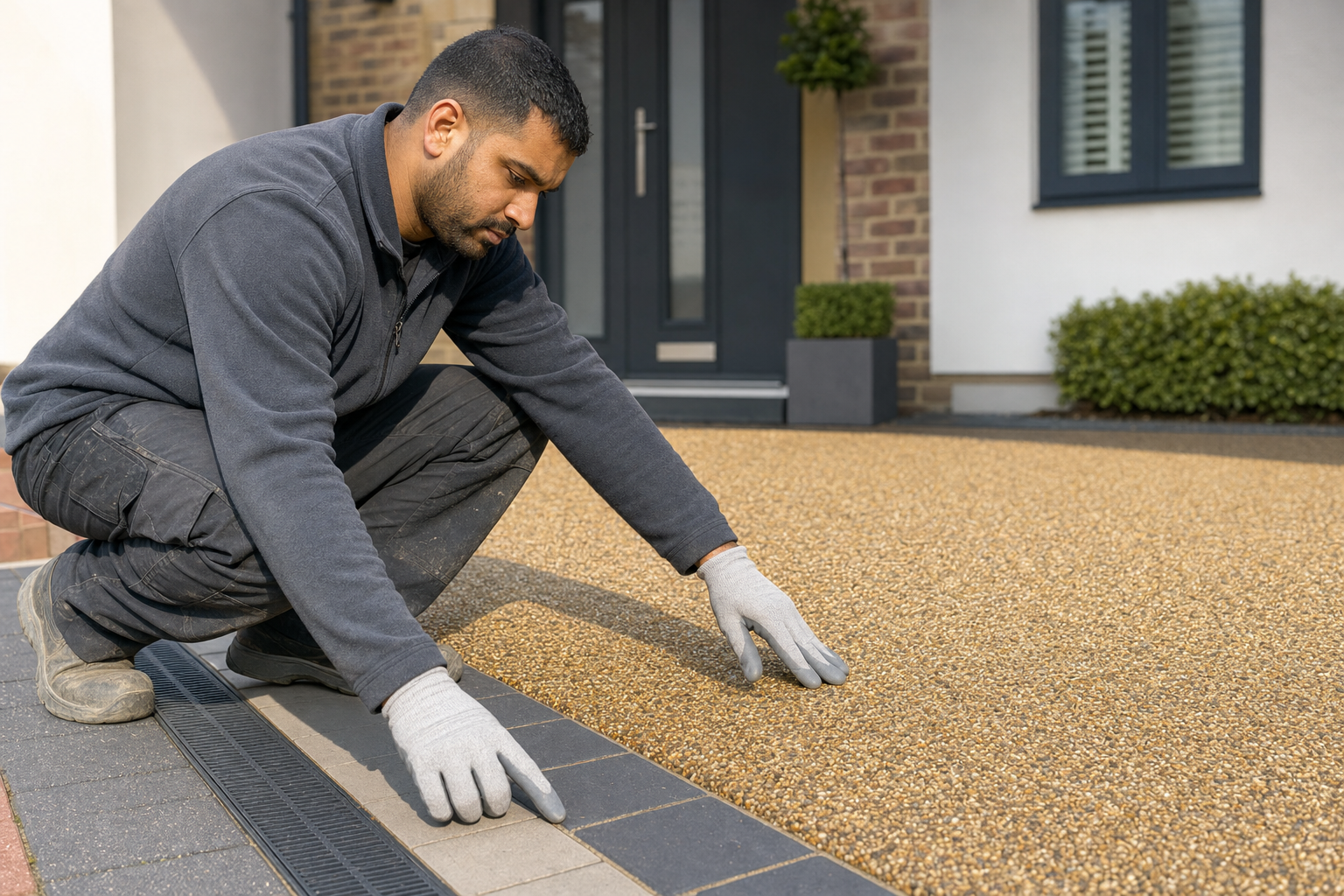A man in work attire carefully inspects a newly laid resin-bound driveway in front of a modern house.