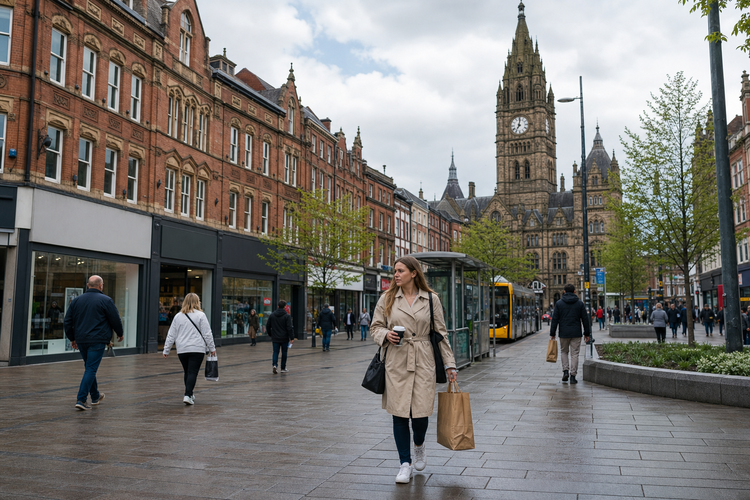 A woman in a trench coat walks through a city square, holding a coffee and shopping bag, with historic buildings in the background.