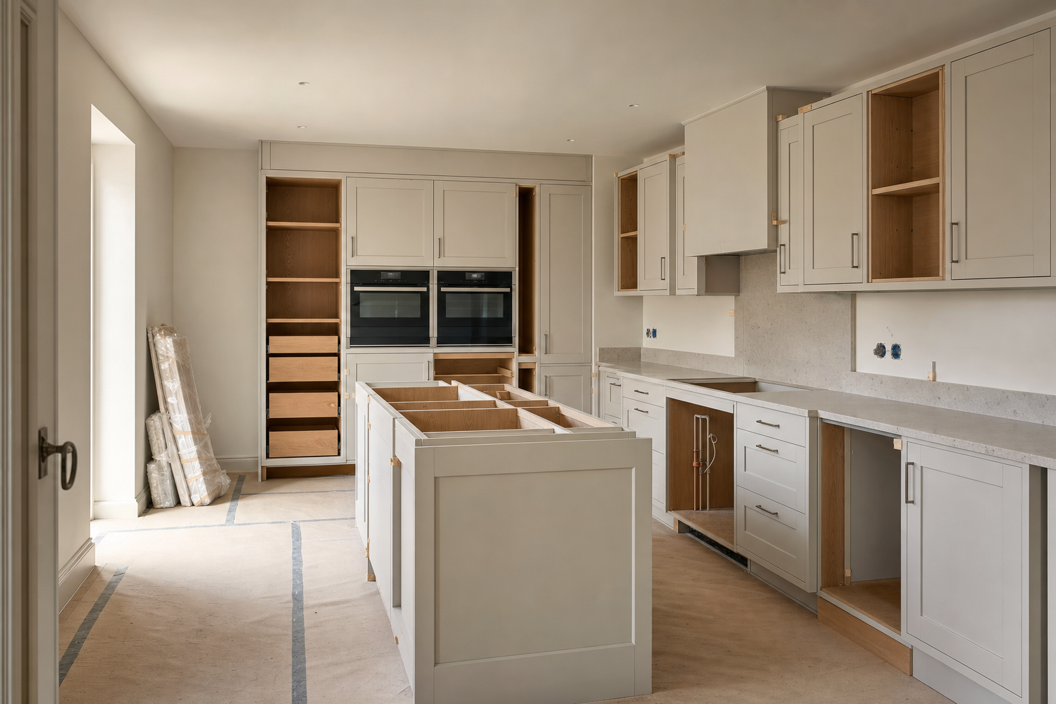 Bespoke off-white cabinet installation featuring built-in wall storage and a central island unit.