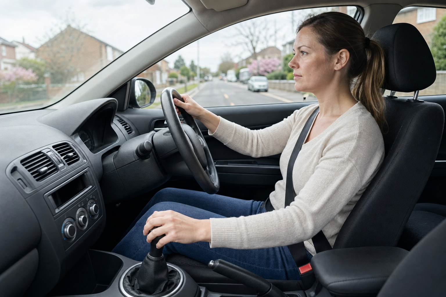 A woman drives a manual car down a suburban street, focused and attentive.