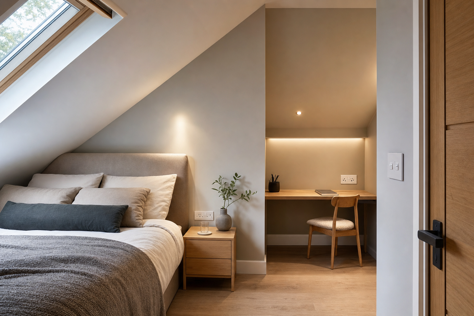 Modern attic bedroom with a cosy bed, side table, and minimalist desk area under a sloped ceiling.
