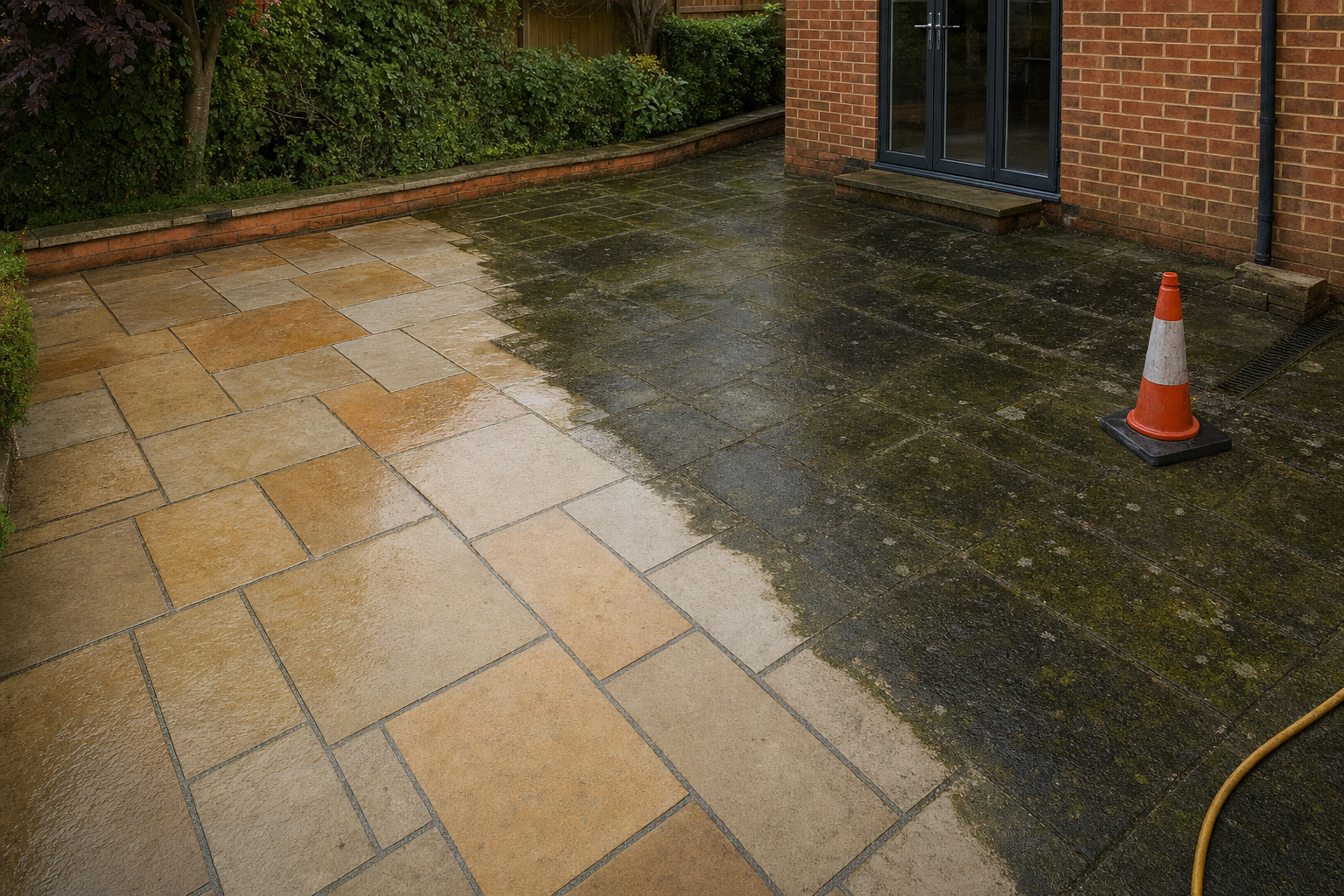 A patio with a division between clean tan paving slabs and a weathered black surface, with a traffic cone beside the transition.