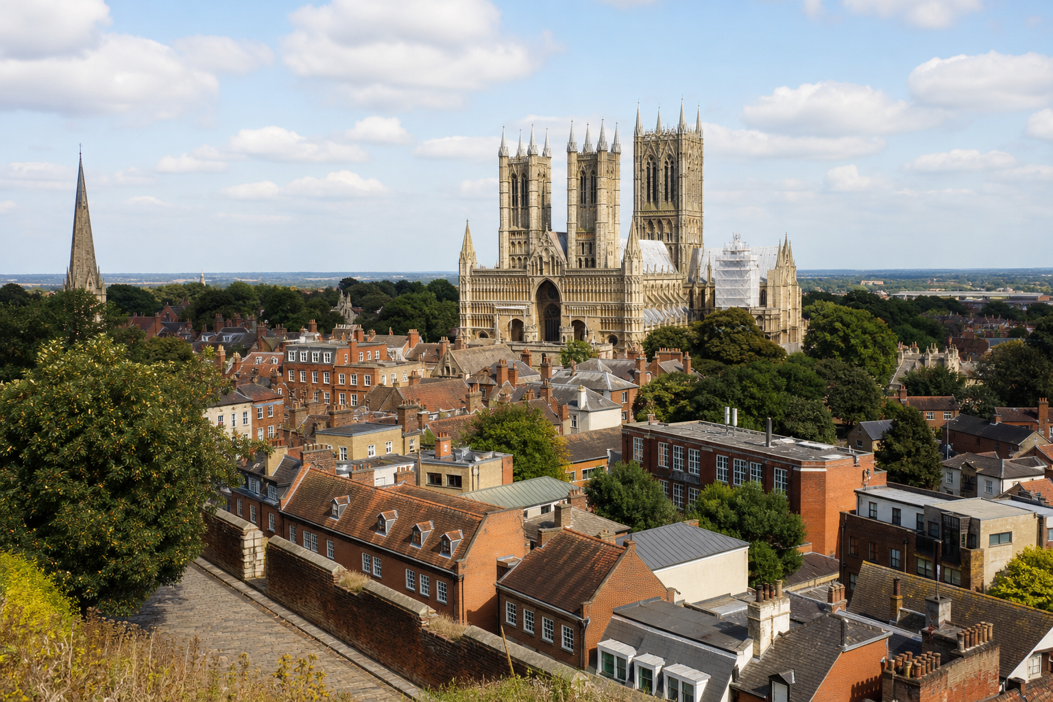 Aerial view of an English cityscape with a Gothic cathedral and surrounding red-brick buildings.