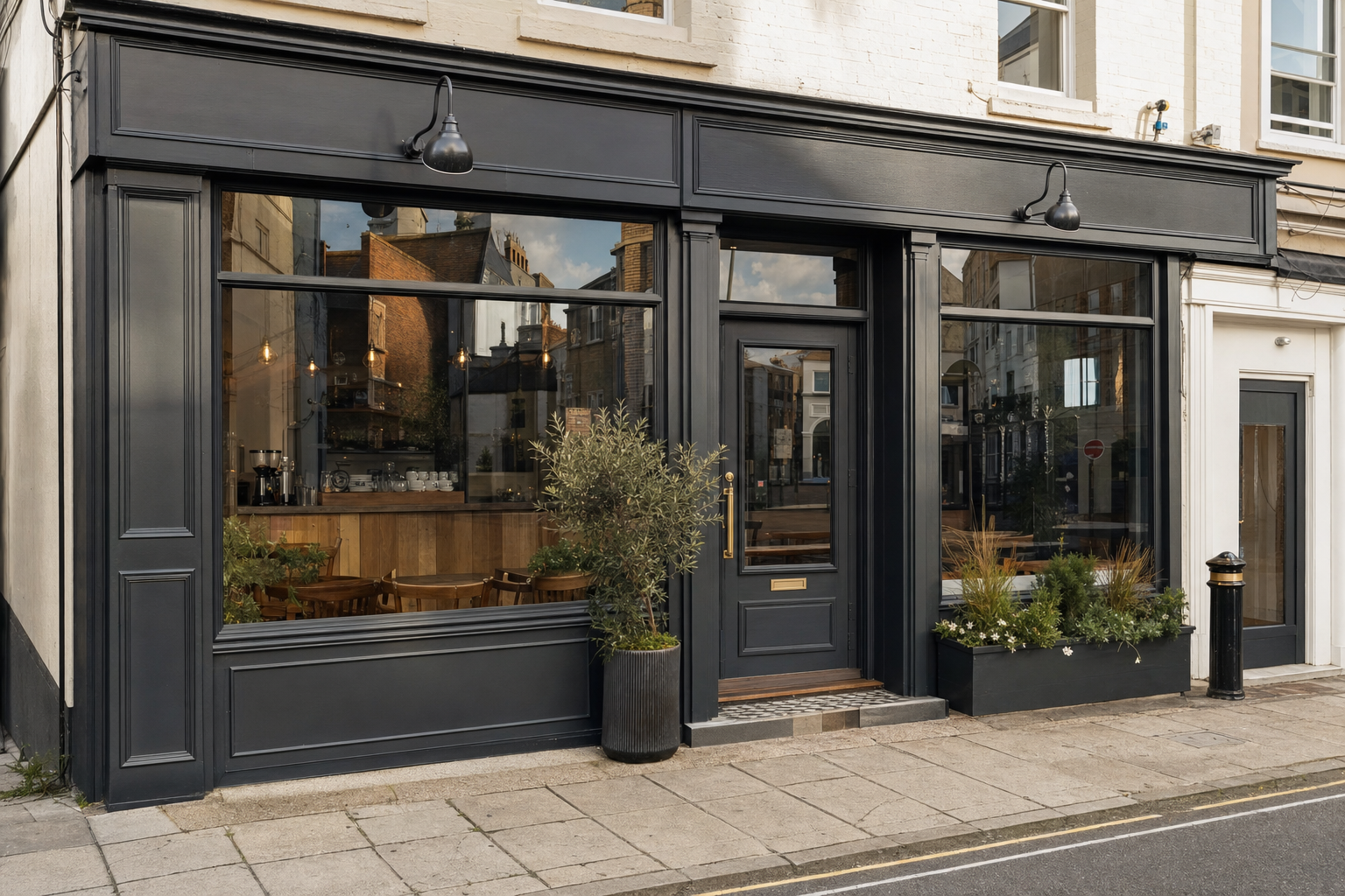Stylish black-painted café exterior with large windows, showing wooden interior and potted plants outside.