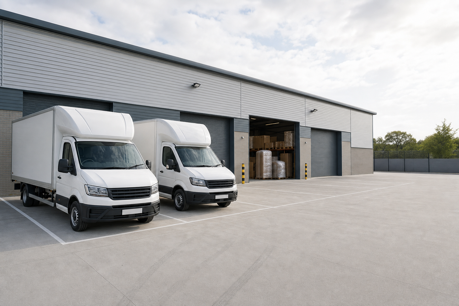Two white delivery vans parked outside a large warehouse with open loading bays.
