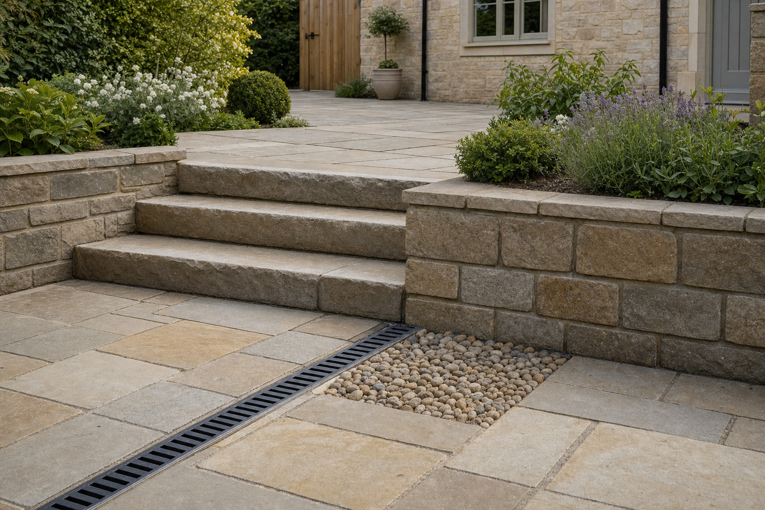 Stone steps leading to a patio with brickwork and lush garden plants.