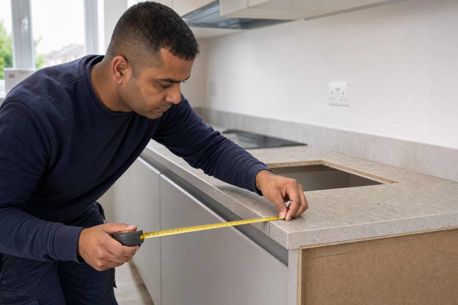 Man measuring a kitchen countertop with a tape measure, focusing on precision and alignment.