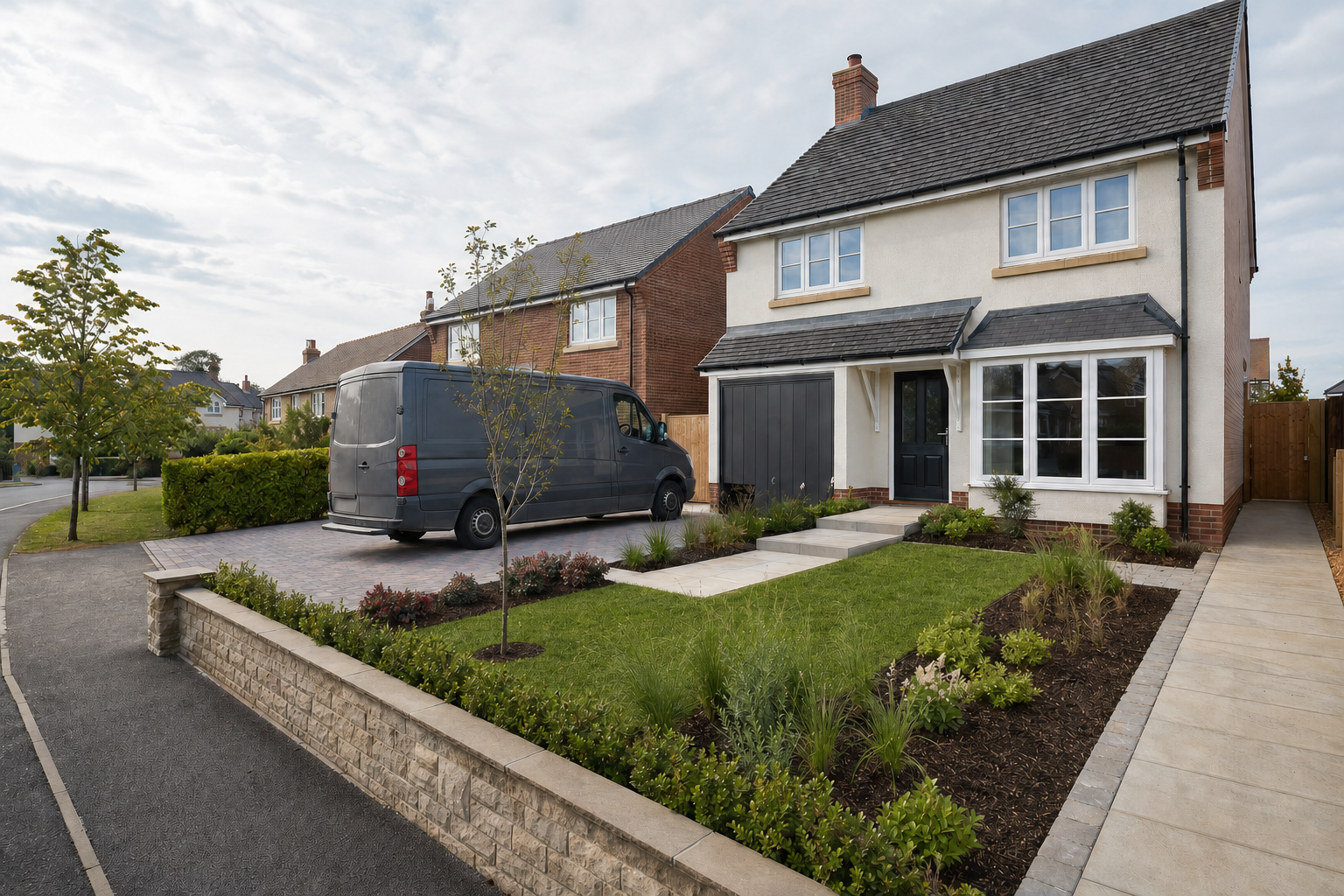 A modern detached house with a grey van parked in the driveway, surrounded by a neatly landscaped front garden.