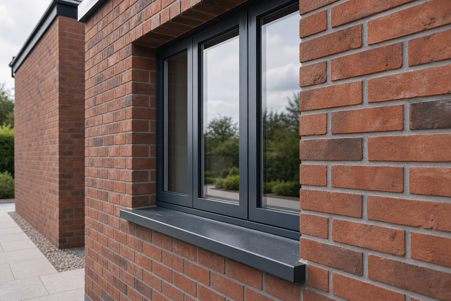 Modern black-framed window on a red brick wall with a garden in the background.