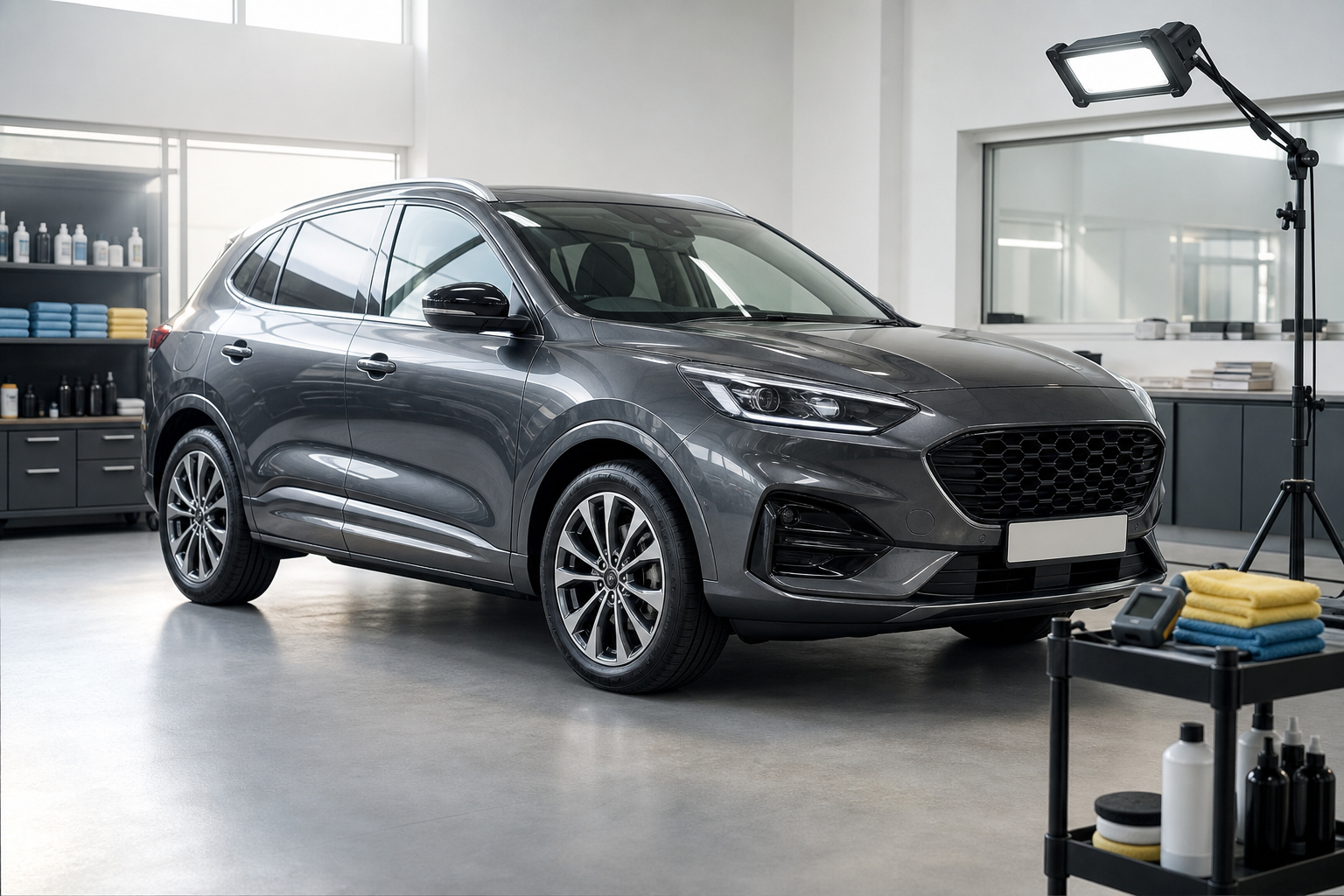 A sleek gray SUV parked in a well-lit garage with detailing supplies nearby.