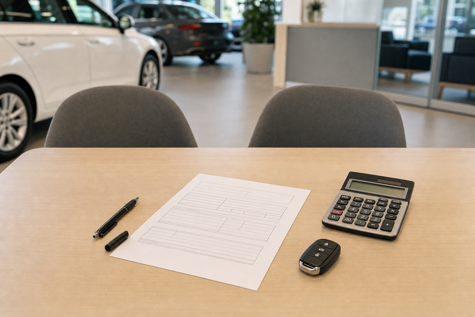 Car dealership desk with a blank form, pen, calculator, and car key in focus, with vehicles visible in the background.