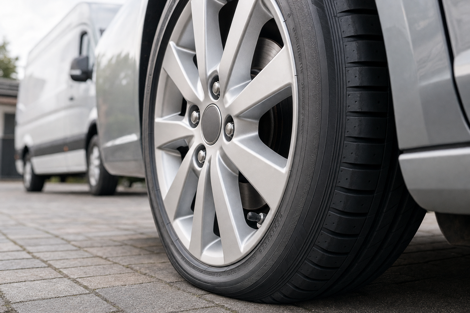 Close-up of a car's flat tyre on a driveway, with a white van in the background.