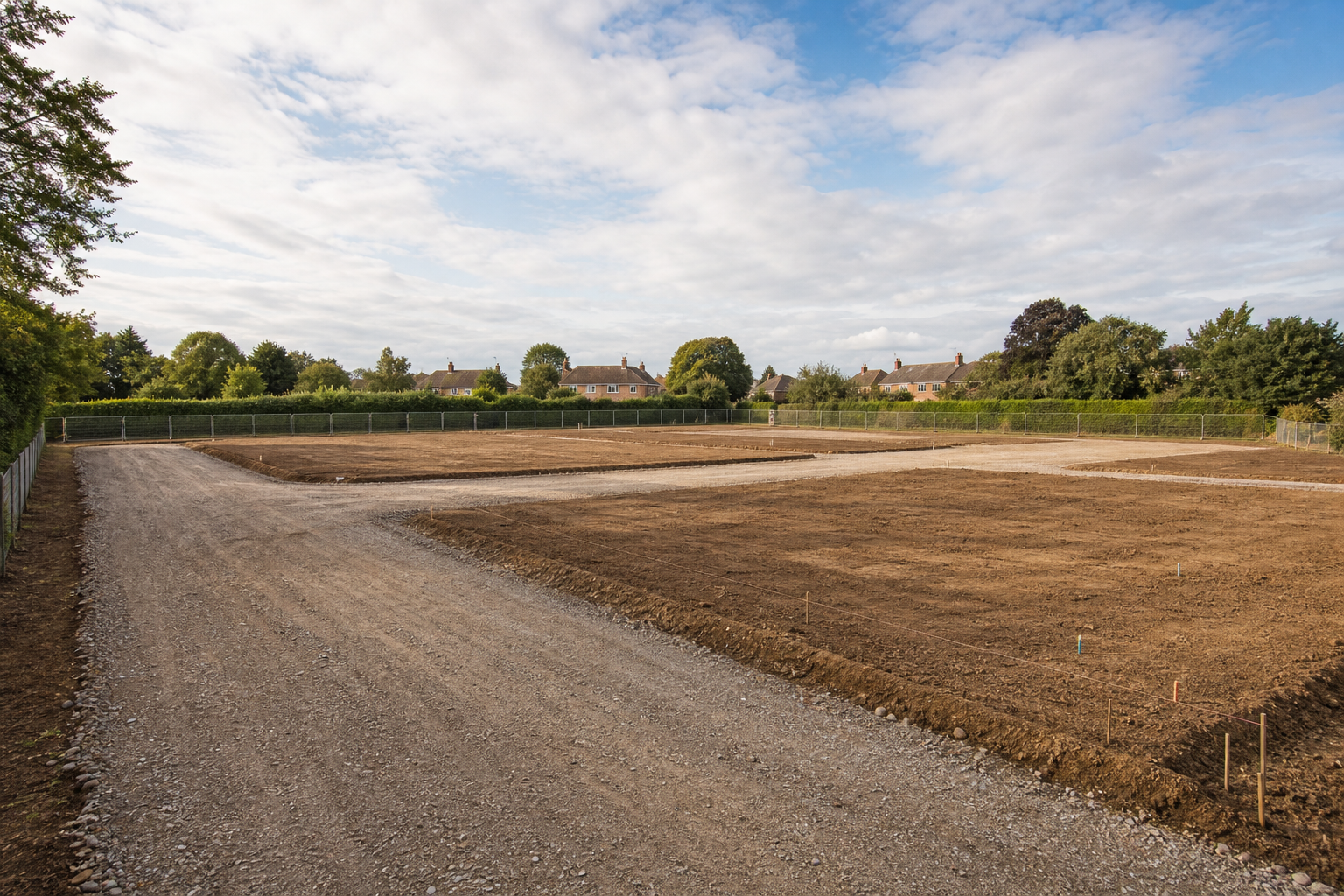 A flat, barren construction site surrounded by greenery, with houses visible in the background under a partly cloudy sky.
