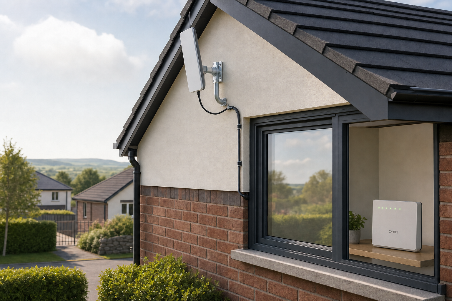A modern house with an external antenna connected to a router in the window, set in a suburban landscape.