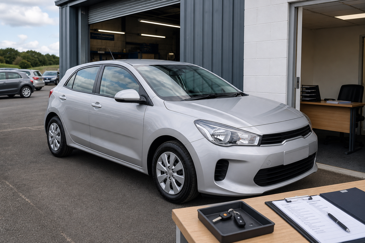Silver hatchback parked outside a garage with a desk in the foreground holding keys and paperwork.