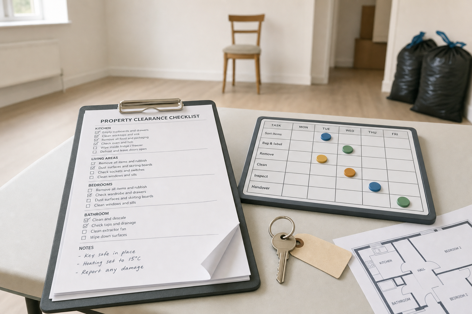 Property clearance checklist, schedule, keys, and floor plan on a table in an empty room with packed bags.