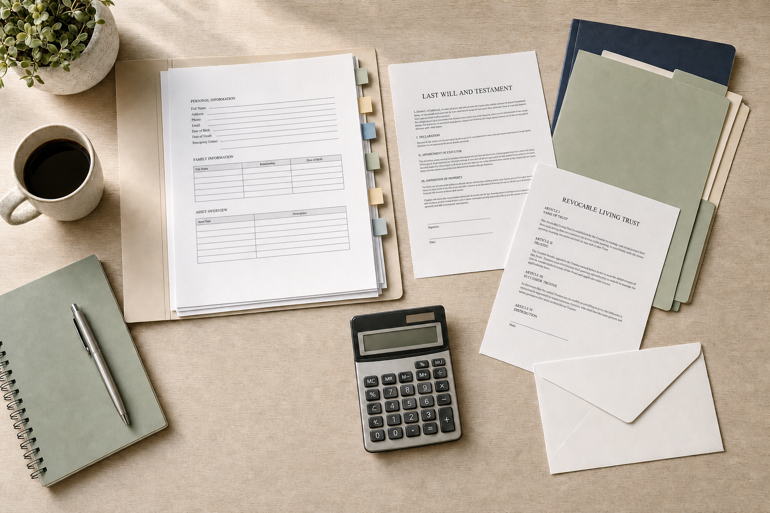 Estate planning documents organised on a desk with a calculator, notebook, pen, envelope, and a cup of coffee.