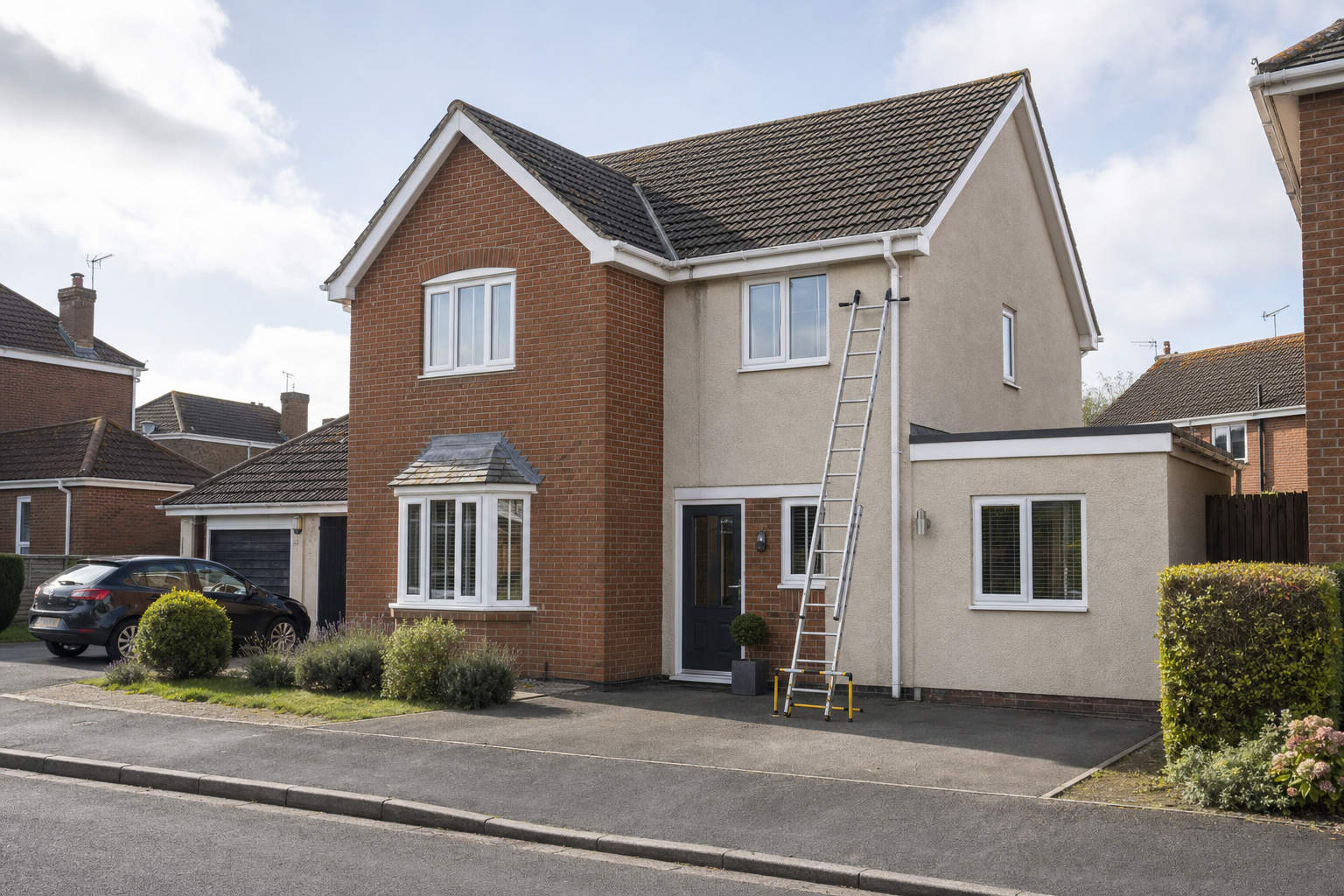 A two-storey suburban house with a ladder propped against the beige exterior next to a parked car.